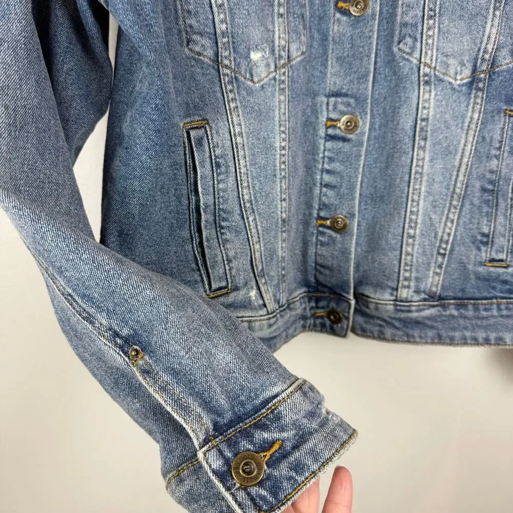 Ella Moss Denim Trucker Jacket Women Large Blue Distressed Button‎ Front Western